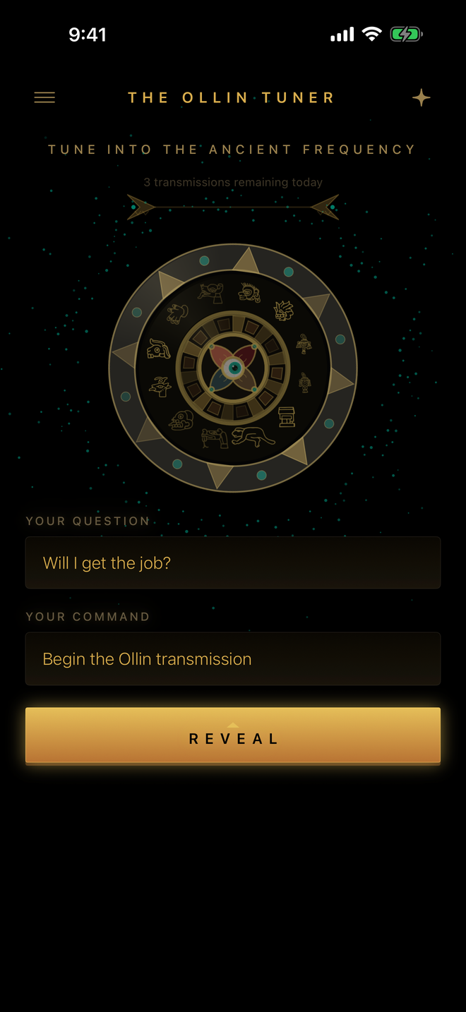 The Ollin Tuner main screen with the animated Aztec Sun Stone dial